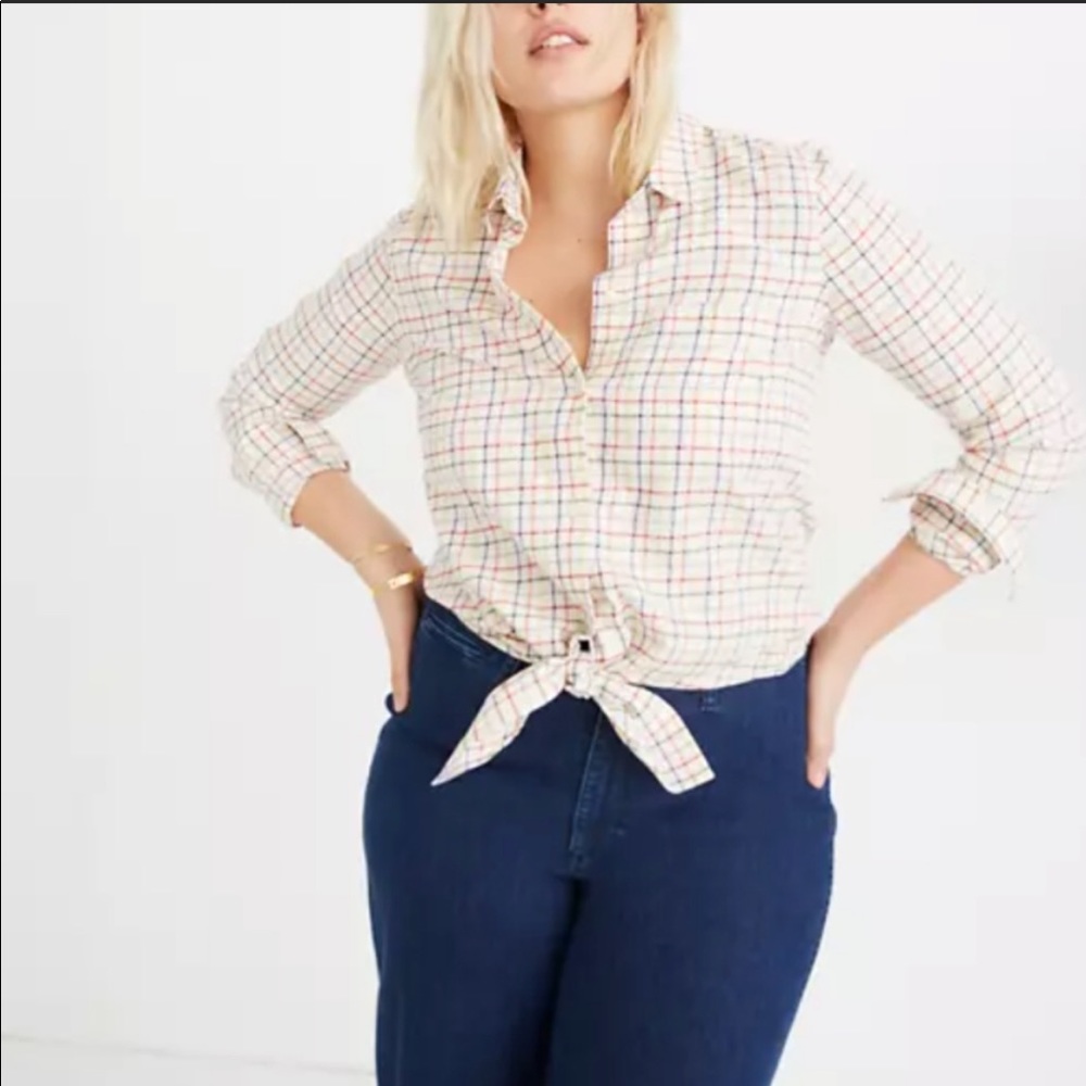 Madewell Rainbow Plaid Tie Front Button-Up Top, XS
